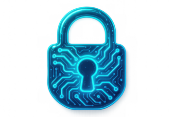 Digital padlock glowing with cybersecurity circuitry, representing data protection against network threats on transparent glass surface