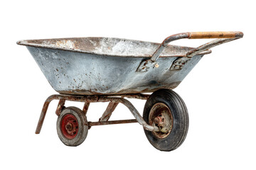 Rusted wheelbarrow isolated on black background old weathered metal garden tool, isolated on a transparent background