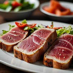 Seared tuna steak with fresh greens and cherry tomatoes