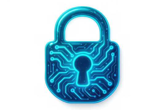 Digital padlock glowing with cybersecurity circuitry, representing data protection against network threats on transparent glass surface