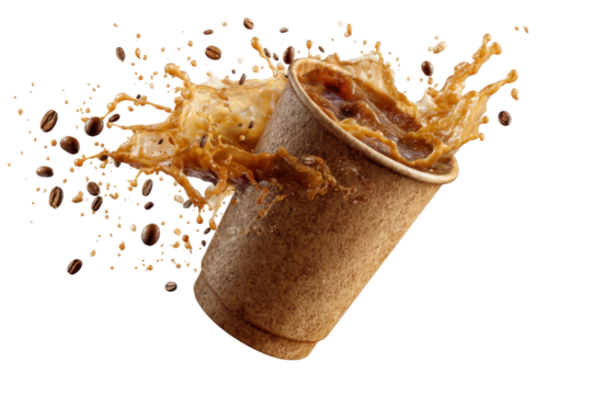 Coffee Splash in Disposable Cup Brown Beans, isolated on a transparent background - Powered by Adobe