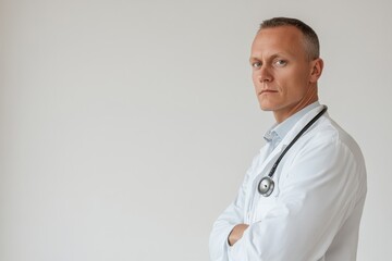 Portrait of a serious doctor in a white coat, with a stethoscope, who, with his arms crossed over his chest, looks at the camera, posing alone against a white background. Medical concept. Copy space