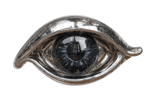 Metallic Eye Sculpture Reflecting Cityscape Abstract Art, isolated on a transparent background