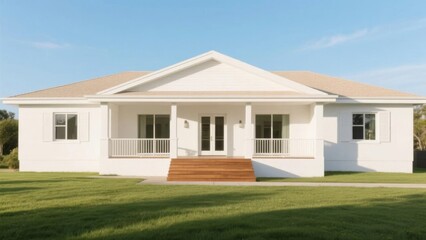 Fototapeta premium Modern Single-Story House with White Exterior and Front Porch