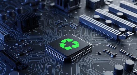 Sustainable Tech: Recycling Symbol on CPU of Computer Motherboard for Eco-Friendly Future