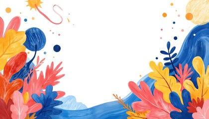 Vibrant floral illustration features yellow, red, blue, orange, pink flowers with white border. Red flower with yellow background top right. Blue flower with yellow background below. Abstract nature,