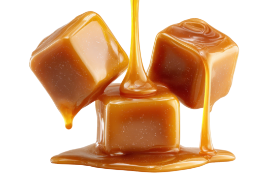 Caramel candies pouring delicious sweetness, isolated on a transparent background