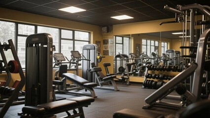 Obraz premium Well-lit gym with various exercise machines and free weights
