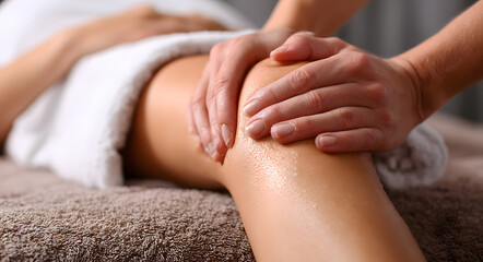 Professional hands massaging a woman knee and leg for relaxation and therapy