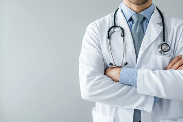 Male doctor with crossed arms on white background. An impersonal image without a face. Medical banner. Free space for copying. Banner. Doctors' advice. Health Concept