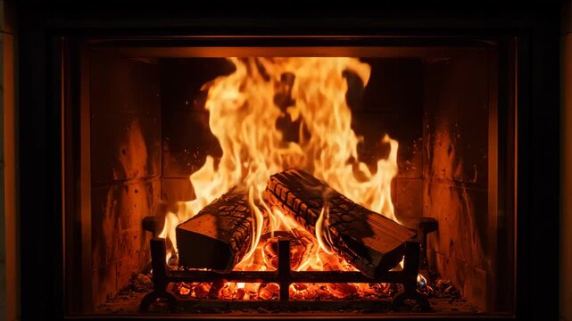 Video, fire is burning, Cozy fireplace with burning logs and bright flames in evening  