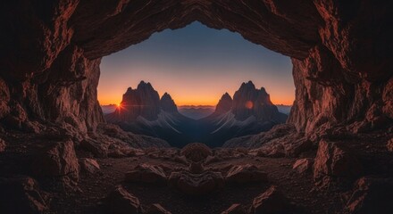 Cave view of mirrored peaks at sunrise