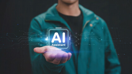 Modern AI assistant on hand, futuristic technology, innovation for business use