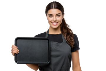 Smiling waitress holding empty tray service food restaurant worker, isolated on a transparent background