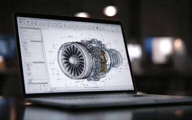 High-tech laptop displaying 3D render of an aircraft engine design in an industrial setting