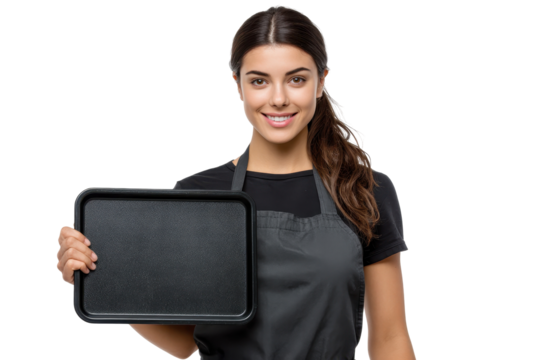 Smiling waitress holding empty tray service food restaurant worker, isolated on a transparent background