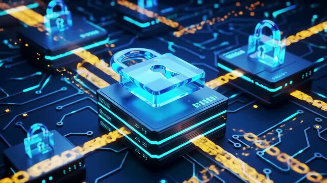3D digital lock and server on glowing network grid, dynamic security pulses, animated data flows