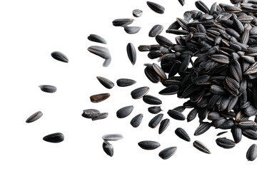 Black sunflower seeds falling dark background, isolated on a transparent background