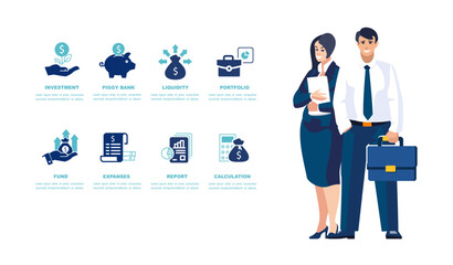 Business, people. A businessman with a briefcase and a woman secretary analyze the financial market, icons. Investor money, investment growth financing. Blue design, leader banner. Vector illustration