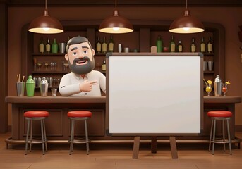 bartender pointing a big blank whiteboard or placard, cartoon 3D illustration