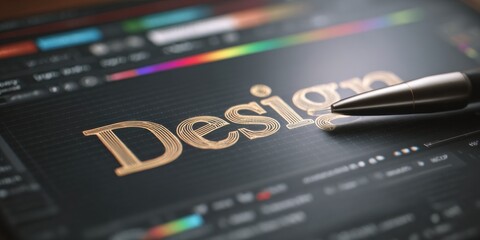 Creative digital design process featuring a stylus on a tablet with elegant typography displayed in a workspace environment