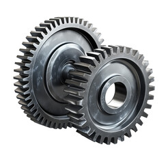 Close-up view of two metallic gears interlocking against a transparent background