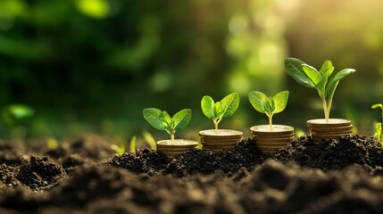 Fototapeta premium Growing plants sprouting from stacks of coins in soil a concept of investment and growth