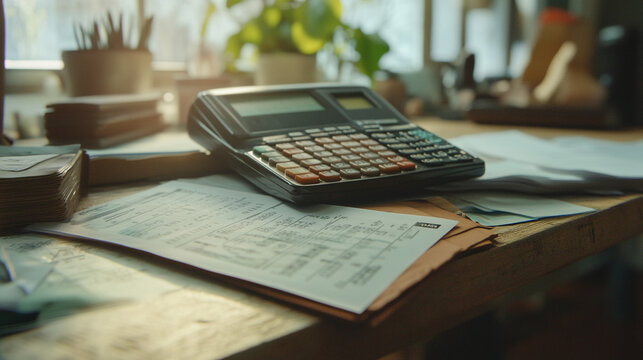 Desk calculator paperwork bills invoices sunlight office workspace