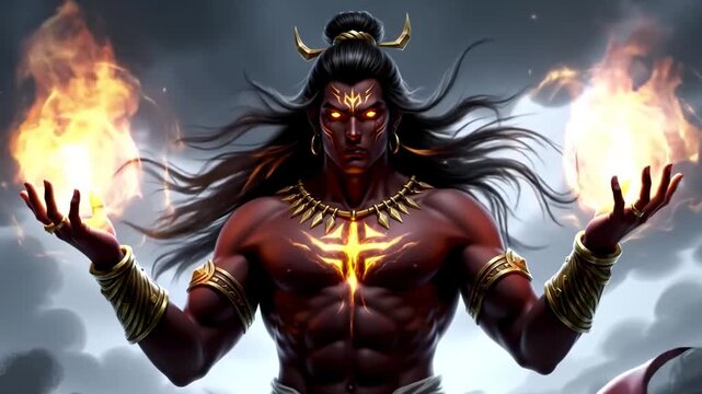 Image is a digital artwork featuring a powerful, mythical figure with a muscular build and dark skin. The character has long, flowing black hair tied in a topknot, and intense, glowing eyes. His facia
