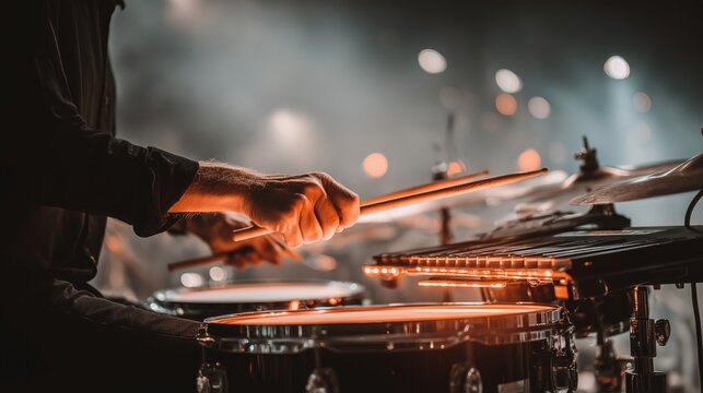 Close-up of drummer's man hands playing energetic drum solo during live concert performance - Powered by Adobe