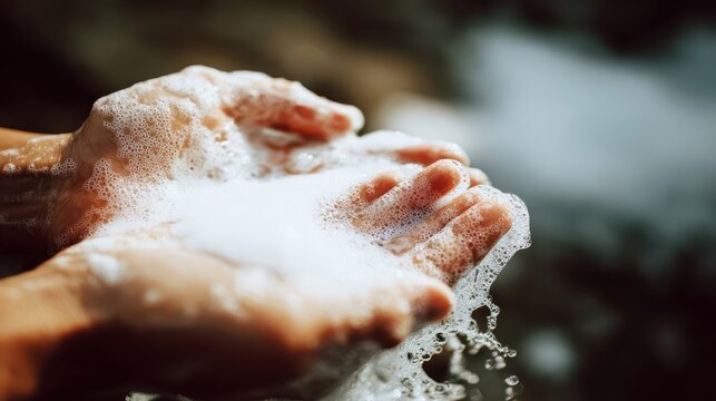 Close-up of hands washing with soapy water.