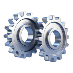 Interlocking Gears: A detailed, photorealistic depiction of two interlocking gears, symbolizing industry, mechanics, and the concept of collaboration. Isolated on a transparent background.