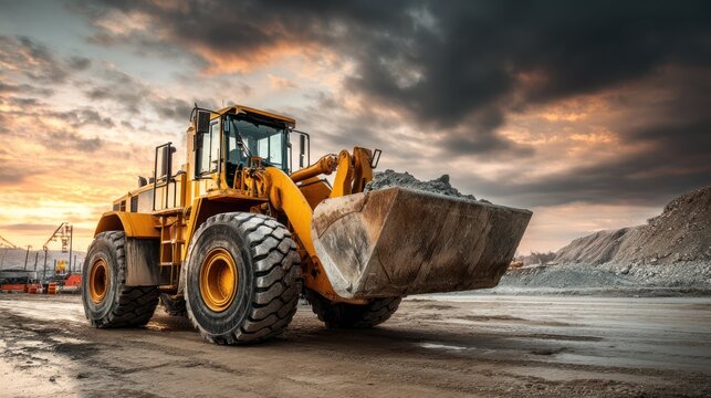 A yellow front loader with a bucket full of rocks on a construction site at sunset.
