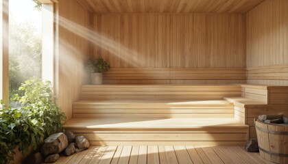 Wooden sauna room with natural light beams, tiered benches, heating barrel. Rich plants, rocks add to serene, warm ambiance. Minimalist interior promotes relaxation, wellness, tranquil spa experience.