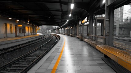 Empty train station with yellow and gray tiles, black and white roof, and a curved platform.