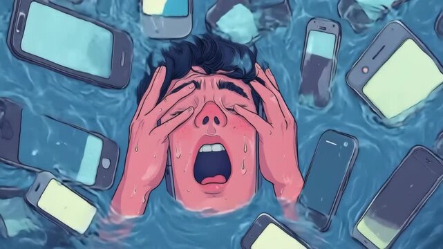 Man drowning in a sea of smartphones suffocating from technology