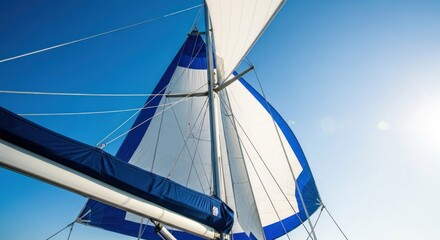 Obraz premium Close-up of a sailboat's mast and sails against a clear blue sky
