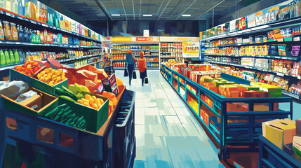 Naklejka premium Grocery store shoppers aisle produce fruits vegetables canned goods snacks drinks