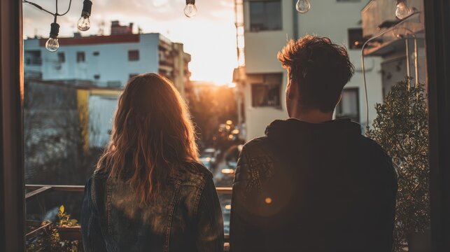 Couple looks out at a city sunset from a balcony.