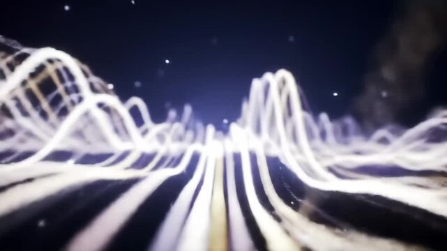 Abstract pulsing light ribbons in ethereal digital landscape, synesthetic wave motion
