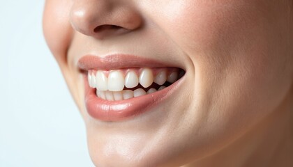 Obraz premium Close-up face with white teeth, dark skin tone, slight redness. Soft light glow around skin, no background distractions. Teeth appear well-maintained, clean, curved. Facial features centered,
