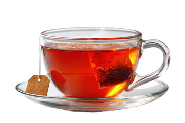 A cup of tea with tea bag on saucer, isolated on a transparent background