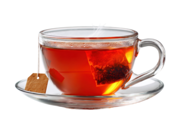 A cup of tea with tea bag on saucer, isolated on a transparent background