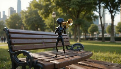 Ant playing trumpet on park bench with city in background