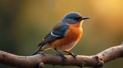 Fototapeta premium A beautiful, hyper-realistic bird with vibrant plumage and delicate patterns, clearly revealing its intricate feathers and sharp talons, singularly perched on a weathered branch.