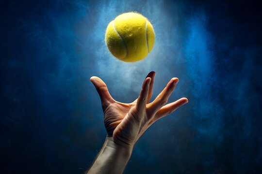 Dramatic Close-up: Male Hand Reaching for a Tennis Ball Against a Moody Blue Background.