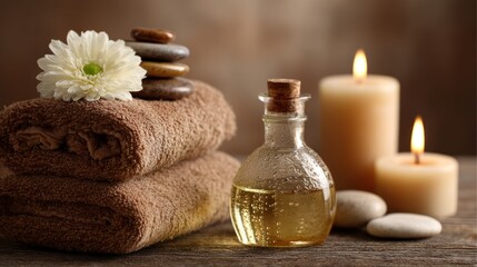 A serene spa setting with a bottle of essential oil, towels, and candles.