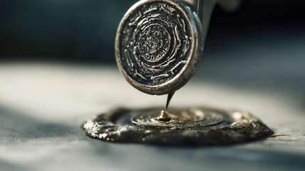 Close-up view of a metal seal being pressed onto wax.