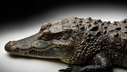 Obraz premium Close-up of large reptile with pointed snout and dark eyes. Crocodile body in black and gray tones. Uniform gray background provides contrast to reptile colors.