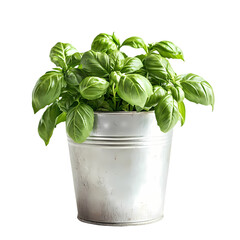A vibrant basil plant thriving in a rustic metal pot isolated on transparent background